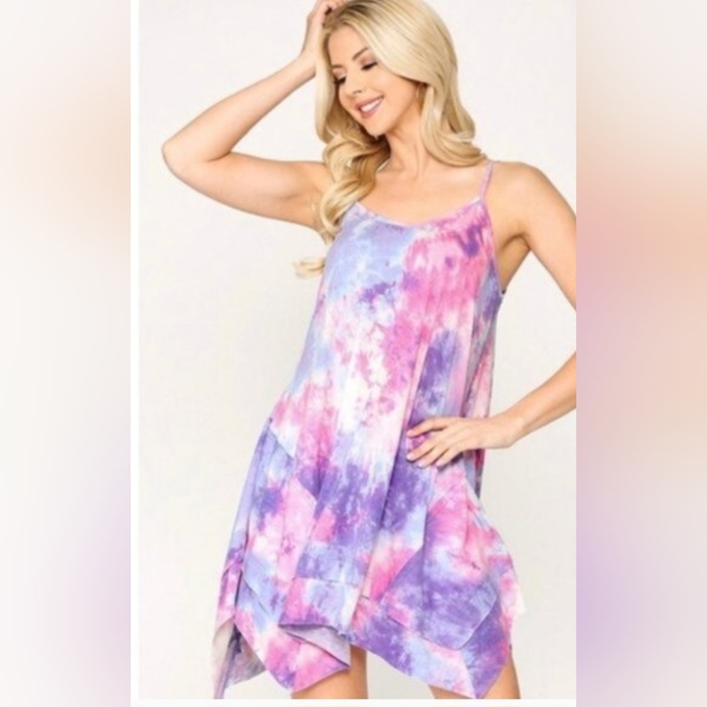Gigio Pink Purple Boho Tie Dye Sleeveless Handkerchief Hem Dress NWT Medium